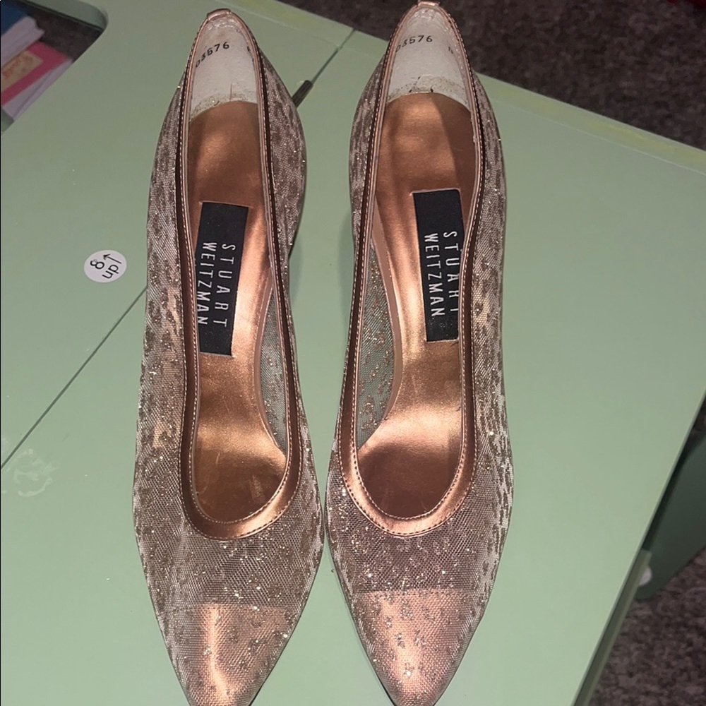 Stuart Weitzman Metallic Rose-Tone Pointed Toe Pumps